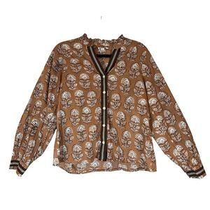 Women’s Brown Printed Long-Sleeve Blouse with Contrast Trim